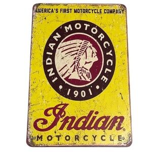 Vintage Vibe NWOT Indian Motorcycle Vintage Tin Metal Sign Yellow Rusty